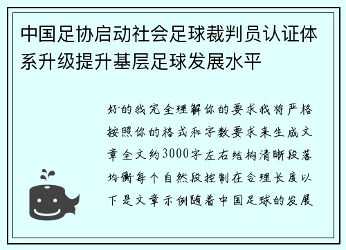 中国足协启动社会足球裁判员认证体系升级提升基层足球发展水平